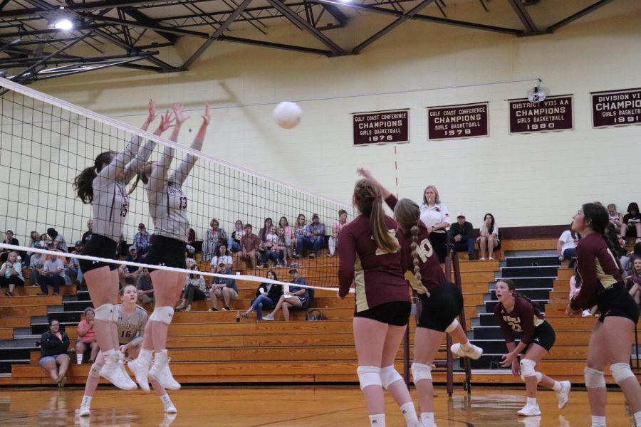 Volleyball strikes the ball over the net.